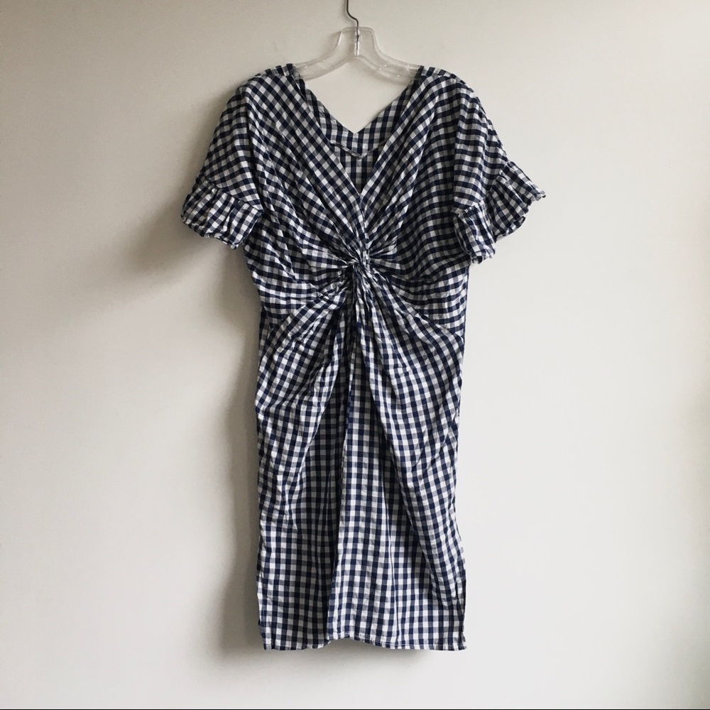 Gingham check navy white cottagecore midi dress